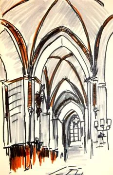 Gothic vaults of the catholic cathedral, graphic color pattern, travel sketch Stock Illustration
