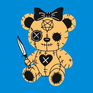Gothic Voodoo Plush Bear with Heart Patch and Symbols Stock-Illustration
