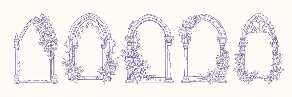 Gothic window frame, hand drawn cloister arch vector border Stock Illustration
