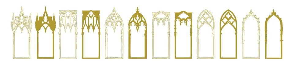 Gothic window frame set, hand drawn medieval arch border collection Stockillustratie