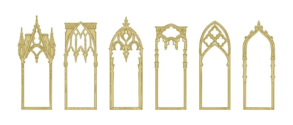 Gothic window frame set, hand drawn medieval cathedral doorway border Stockillustratie