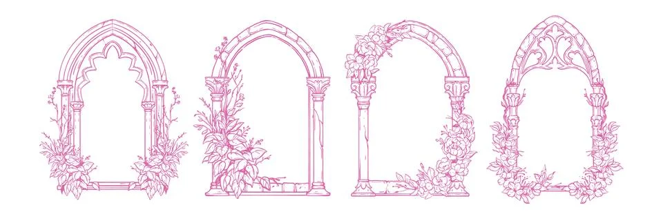 Gothic window frame set, vector hand drawn cloister arch border Stock Illustration