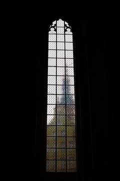 Gothic Window View of St. Mary's Basilica Tower, Krakow Stock Photos