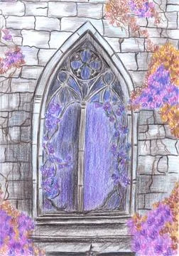 Gothic window with violet flowers, hand drawn with colored pencils Stock Illustration