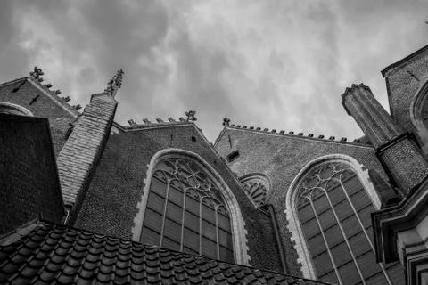 Gothic windows and architectural details on a church in Amsterdam Stock Photos
