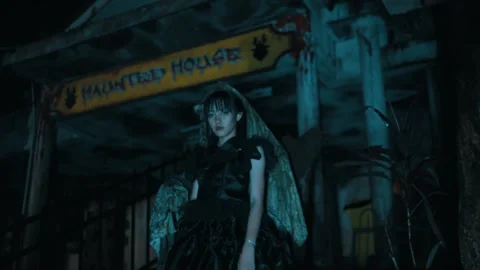 Gothic Woman with Corpse Bride Veil at Haunted House Stock Footage 262936196