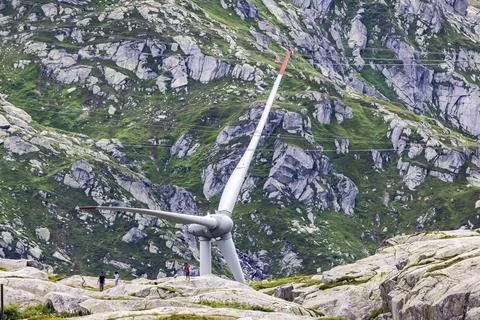 Gotthard Pass. Pass summit with wind turbine, wind power plant. Airolo, Canton Stock Photos