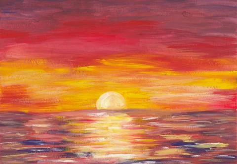 Gouache painting of sunset on the sea with red sky and sun Stock Illustration