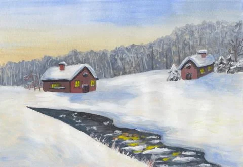Gouache painting of winter scenery at sunrise with village houses and river Stock Illustration