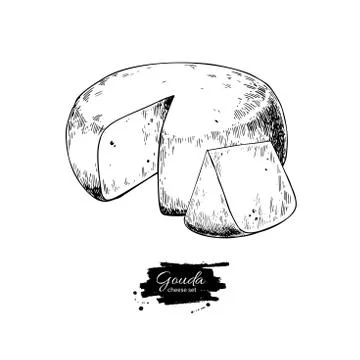 Gouda cheese block drawing. Vector hand drawn food sketch. Engraved Slice cut. Stock Illustration