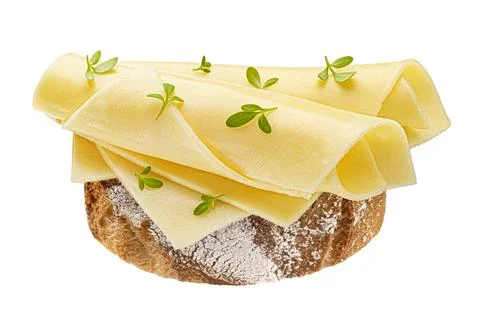 Gouda cheese slices on bread isolated on white background Stock Photos