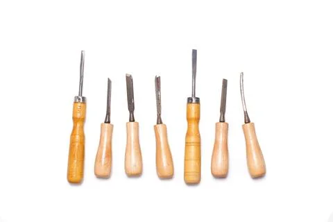 Gouges with wooden handle on a white background with copy space Foto stock