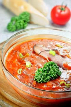 Goulash soup rye bread and leek - Hungarian national meal Stock Photos