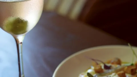 Gourmet Appetizer with Wine on Restaurant Table.. Video stock 318001062