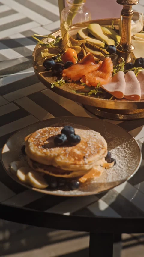 Gourmet Breakfast Dish Served on White Plate in Restaurant Stock Footage 334602539