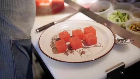 Gourmet Chef Prepares Watermelon Cube Plate At Restaurant 4k 60fps Stock Footage 125788633