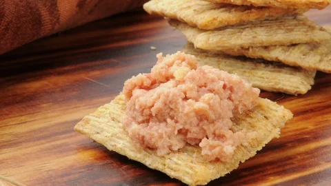 Gourmet deviled ham appetizer on a cutting board 스톡 동영상 121990676