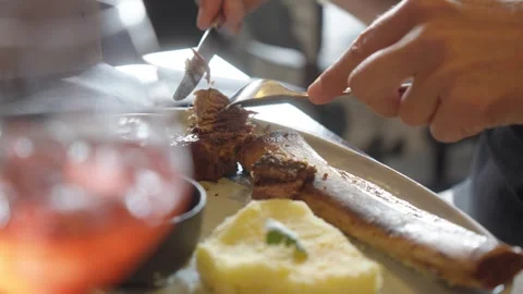 Gourmet Grilled Meat With Mashed Potatoes and Sauce at Dinner Stock Footage 335347554