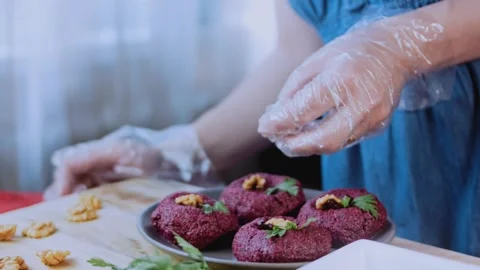 Gourmet ingredient arrangement: capturing walnut and beet texture Stock Footage 342200462
