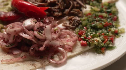 Gourmet plate of slow-cooked pulled meat served with fresh guacamole Stock Footage 335456666