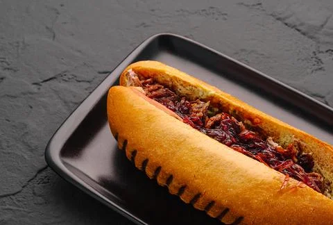 Gourmet pulled beef sandwich with caramelized onion Stock Photos