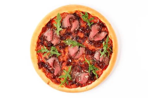 Gourmet Roast Beef Pizza with Caramelized Onions, Arugula, Tomato Sauce and Stock Photos