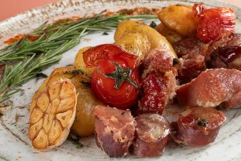 Gourmet roasted meal on rustic ceramic plate, featuring sliced pork sausage, Stock Photos