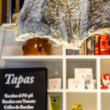 Gourmet stand serving codfish tapas Stock Photos