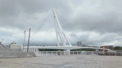 Govan Footbridge - Modern Cable-Stayed Pedestrian Bridge in Glasgow. Stock Footage 338212609