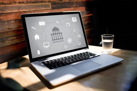 GOVERNANCE and building, Authority Computing Computer Laptop with screen on t Fotos Stock
