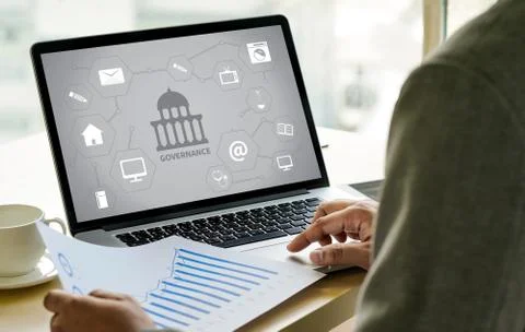 GOVERNANCE and building, Authority Computing Computer Laptop with screen on t Stock Photos