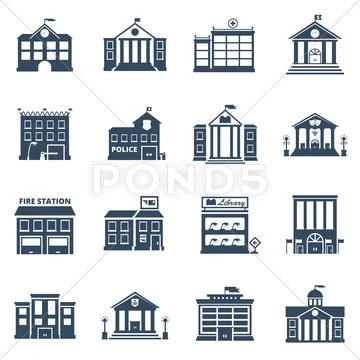 Government Building Black Icons Set Stock Illustration