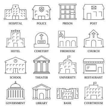 Government building icons set of police library theater isolated vector illus Stock Illustration