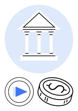 Government building with pillars, play button, and dollar coin representing Stock Illustration