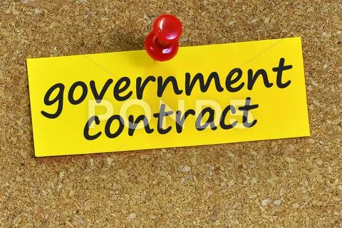 Government contract word on yellow notepaper with cork background Stock Photos