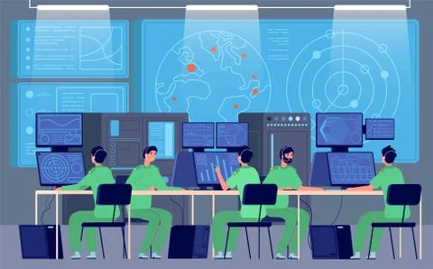 Government control center. Command room, engineers controlling military mission Stock Illustration
