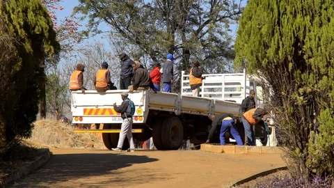 Government Workers Waiting on a Flat Bed Truck co Stock Footage 116733946