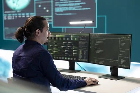 Governmental hackers exploiting network systems in high tech office Stock Photos