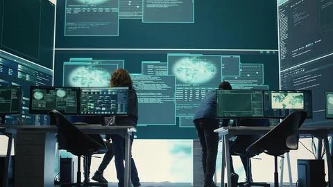 Governmental hackers team securing computer systems from cyber threats 库存照片