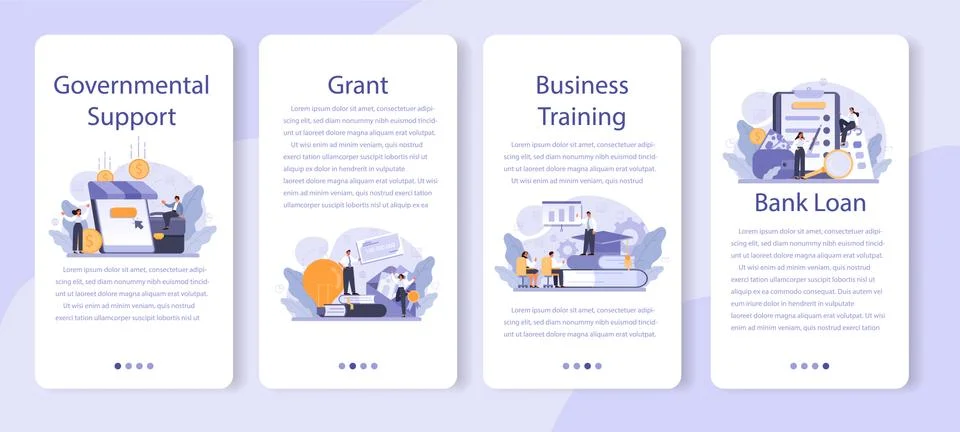 Governmental support mobile application banner set. Business bank loan Stock Illustration