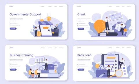 Governmental support web banner or landing page set. Business bank loan Illustration