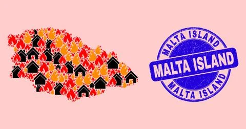 Gozo Island Map Collage of Fire and Buildings and Distress Malta Island Seal Ilustración de archivo