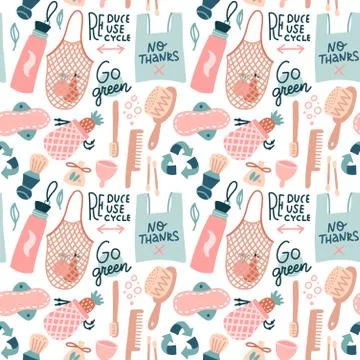 Gp green Seamless pattern. Hand drawn Zero waste vector design. No plastic el Stock Illustration