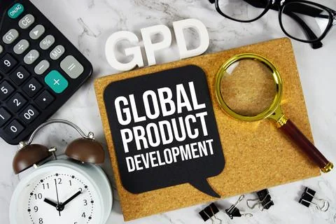 GPD - Global Product Development acronym with calculator, alarm clock and m.. Stock Photos