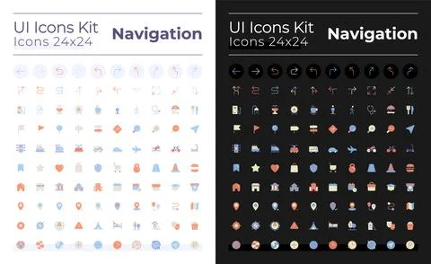 GPS and navigation flat color ui icons set for dark, light mode Illustrazione stock