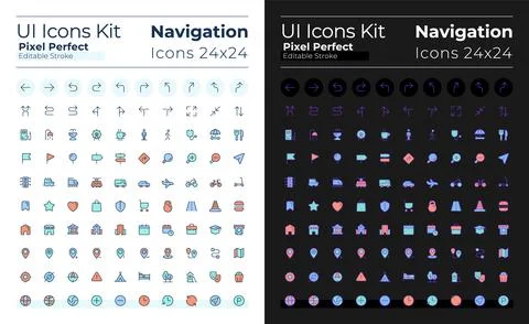 GPS and navigation pixel perfect RGB color ui icons set for dark, light mode Stock Illustration