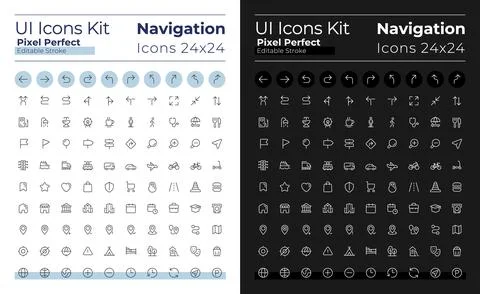 GPS and navigation pixel perfect linear ui icons set for dark, light mode Stock Illustration