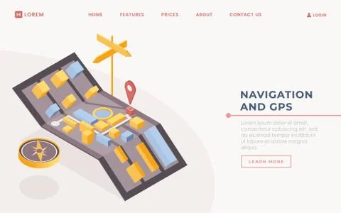 GPS application landing page vector template. Smart navigation software website Illustrazione stock