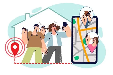 GPS application on mobile phone allows to build route to house of friends who Illustrazione stock