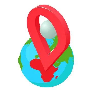Gps global icon isometric vector. Planet earth globe with big red gps pin icon Stock Illustration